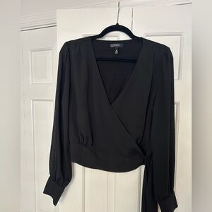 Aqua Black Long-Sleeve Wrap Blouse